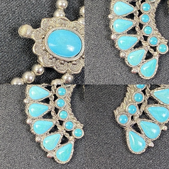 Vintage Necklace Squash Blossom Faux Turquoise Poured Glass 26" Long Silvertone - Picture 13 of 15